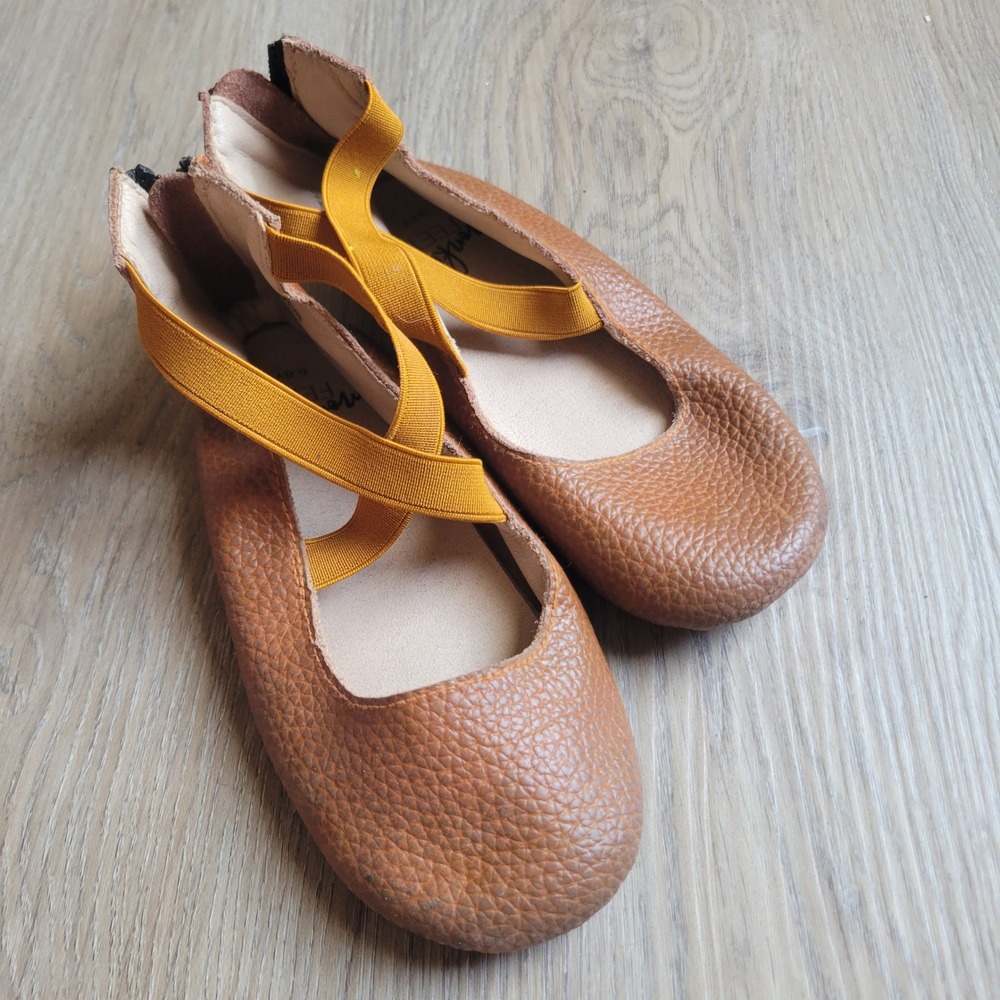 Monkey Feet Girls Ballet Flats 5-6Y Tan Leather Mustard Elastic Boho Mary Jane